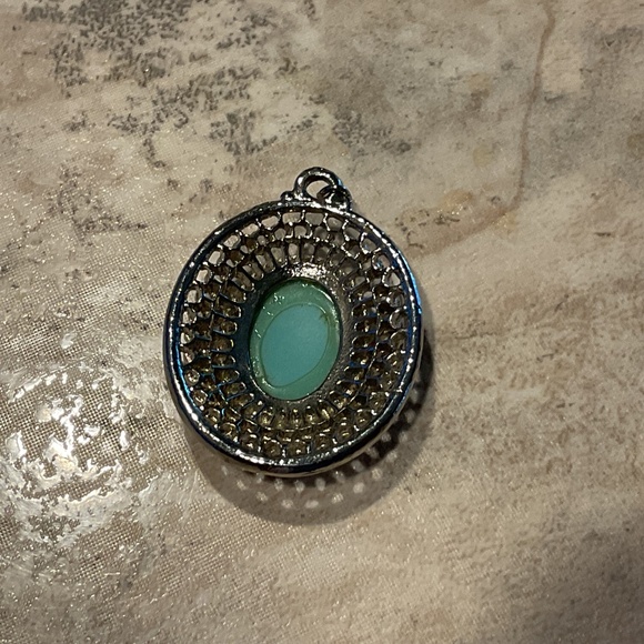 Faux Turquoise Pendant Silvertone Oval 1” long - Picture 2 of 3